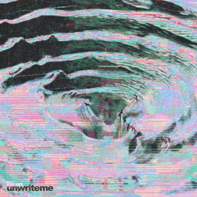 Cover for unwriteme: a scan-lined, glitched swirl in mint and pink, the title set small at the bottom left.
